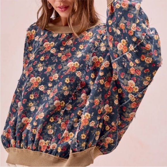 NWT Bibi Oversized Floral Denim Sweatshirt - Picture 2 of 3